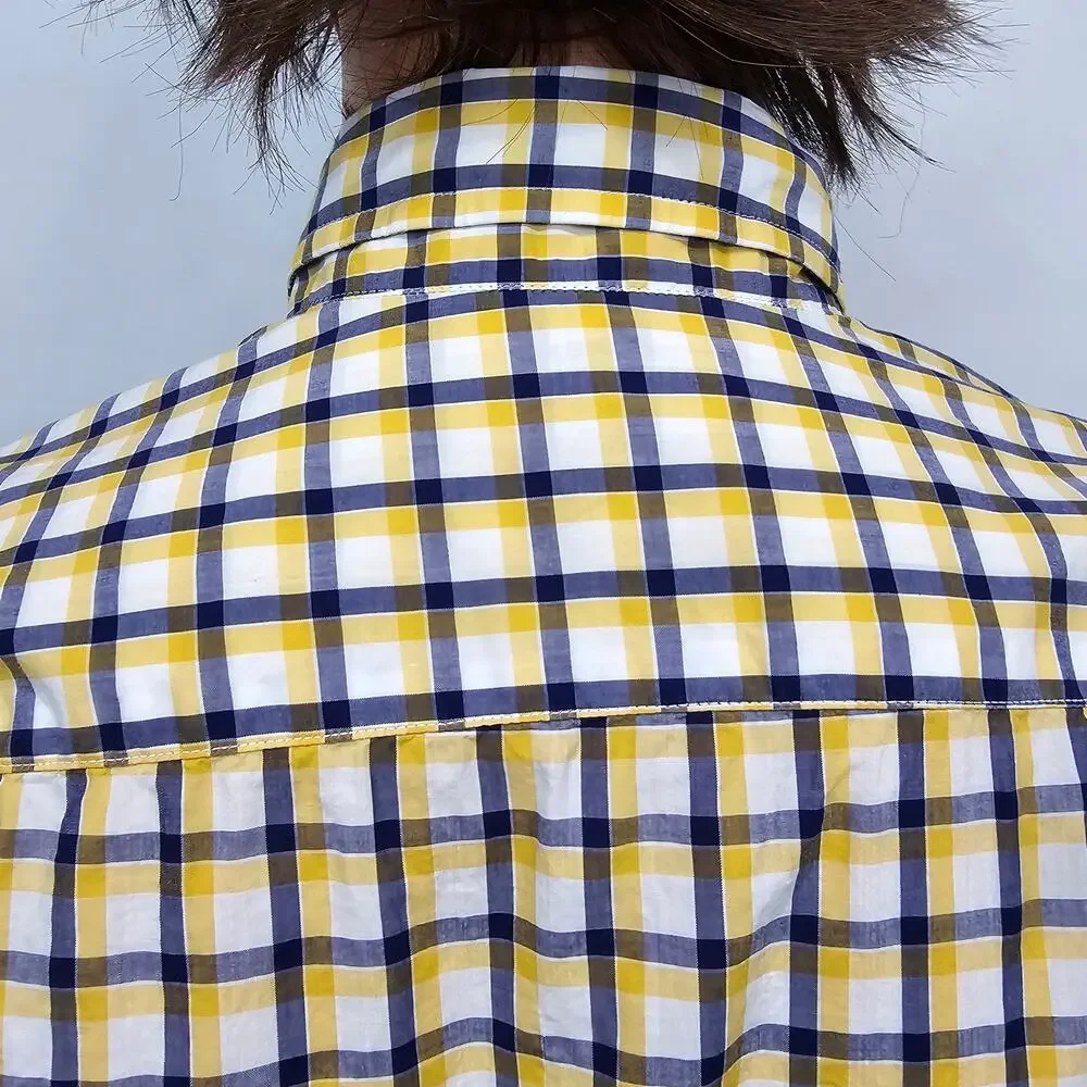 J. Crew NY Light Weight Shirt Men S Button Down Yellow Navy White Check Plaid
